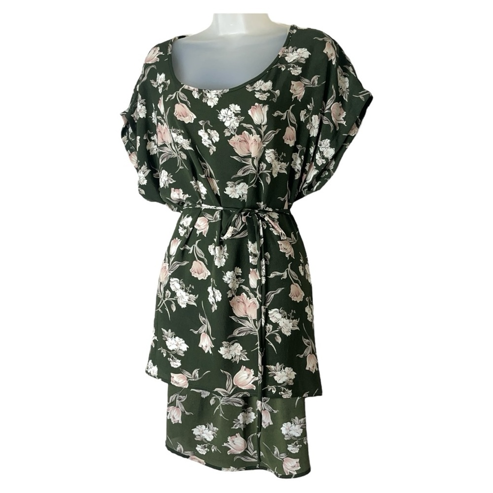 Libian Floral Cinch Waist Tie Back Dolman Sleeve High Low Mini Dress Green 3X